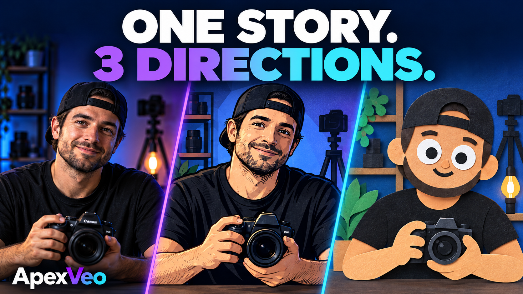 ApexVeo artwork: "One story. 3 directions." — the same creator shown as a realistic photo, an illustrated portrait and a papercraft character