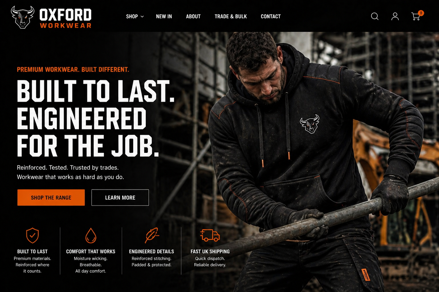 Oxford Workwear concept showing a tradesperson in black workwear on a construction site.