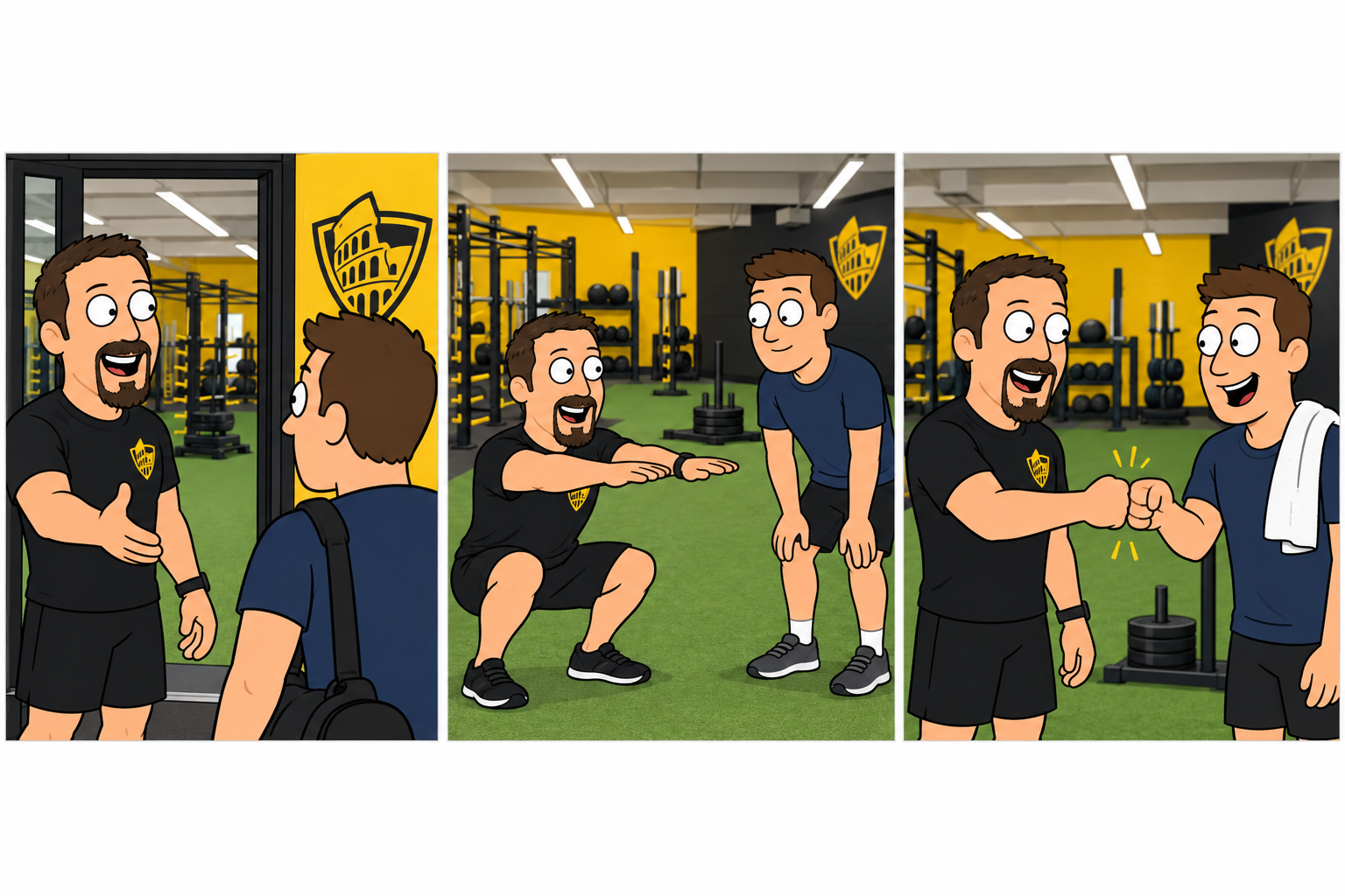 Three-panel cartoon storyboard: a gym coach greets a new member, demonstrates a squat, then fist-bumps him