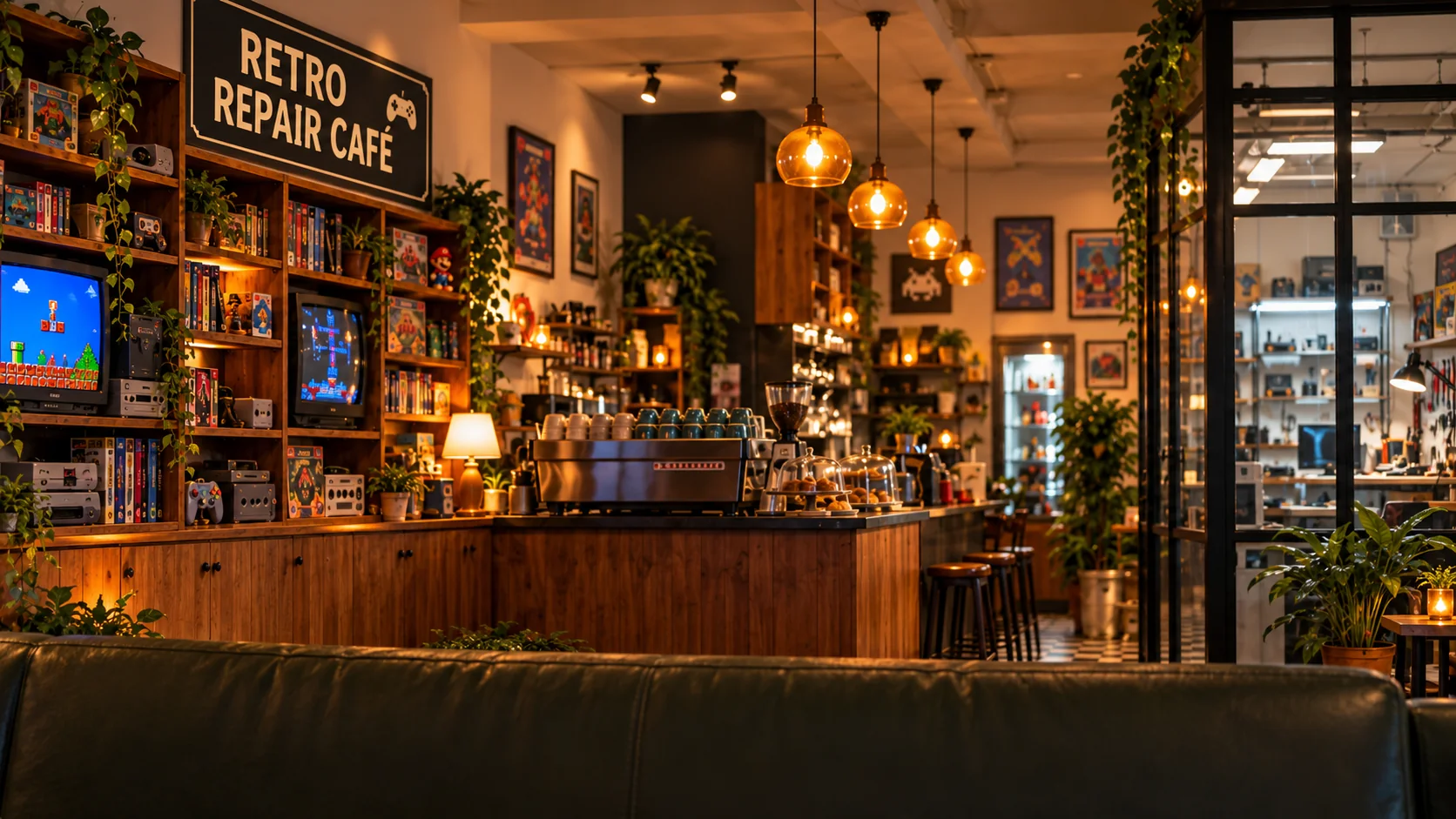 Illustrative Retro Repair Café interior concept with game consoles, café counter and repair workspace