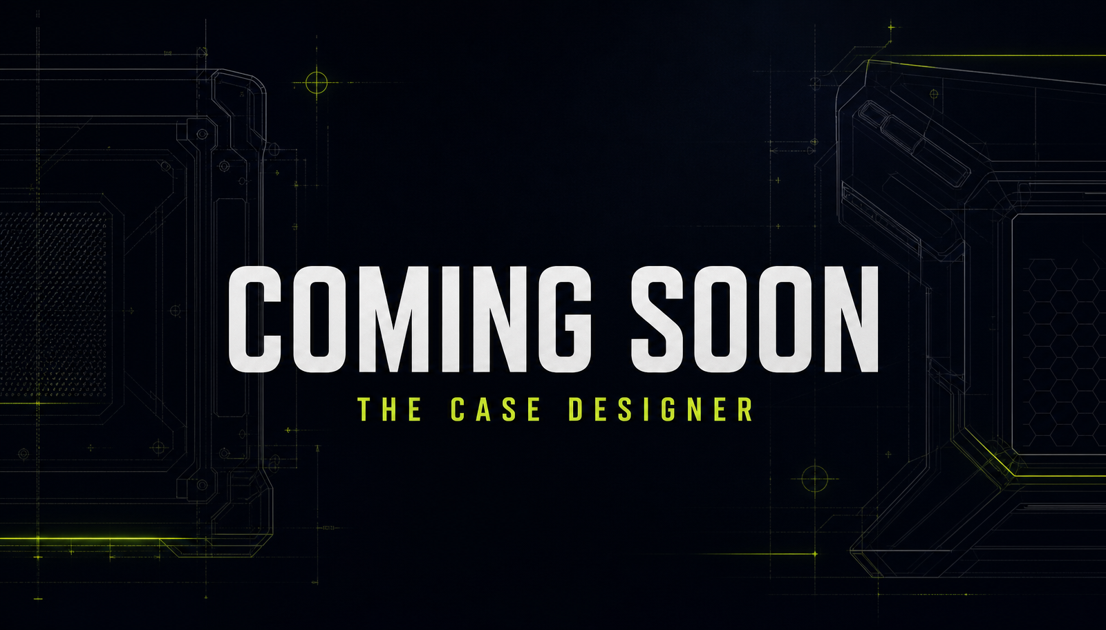 Coming soon artwork for The Case Designer, with technical case blueprint details.
